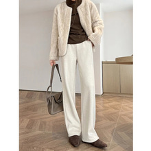 杏色毛呢阔腿女秋冬加绒加厚膏药直通人字纹小个子窄版直筒裤