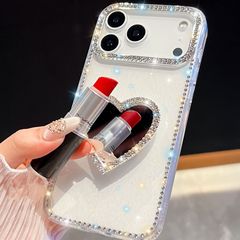 爱心镜子支架手机壳适用苹果17Air时尚16E闪粉15PROMAX闪钻壳跨境