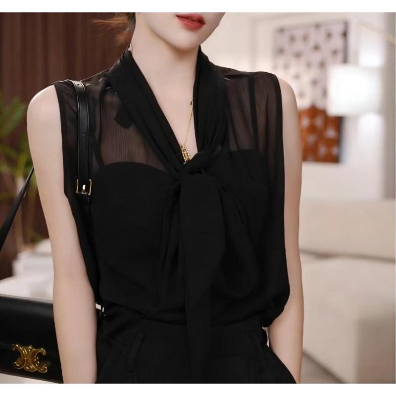 【Dual-Wear Front and Back】V-neck French-style elegant tie-neck sleeveless shirt for women, new summer design top