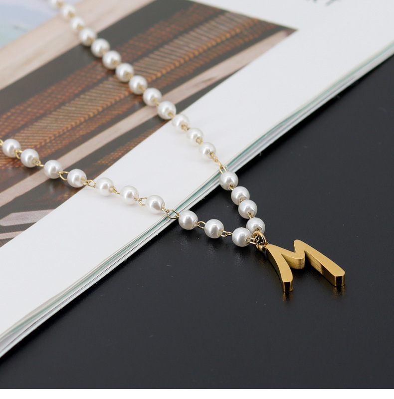 French Style Letter Artificial Pearl Titanium Steel Pendant Necklace 1 Piece