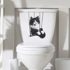 新款卡通素描貓咪盪鞦韆馬桶貼浴室衛生間家居裝飾牆貼紙批發