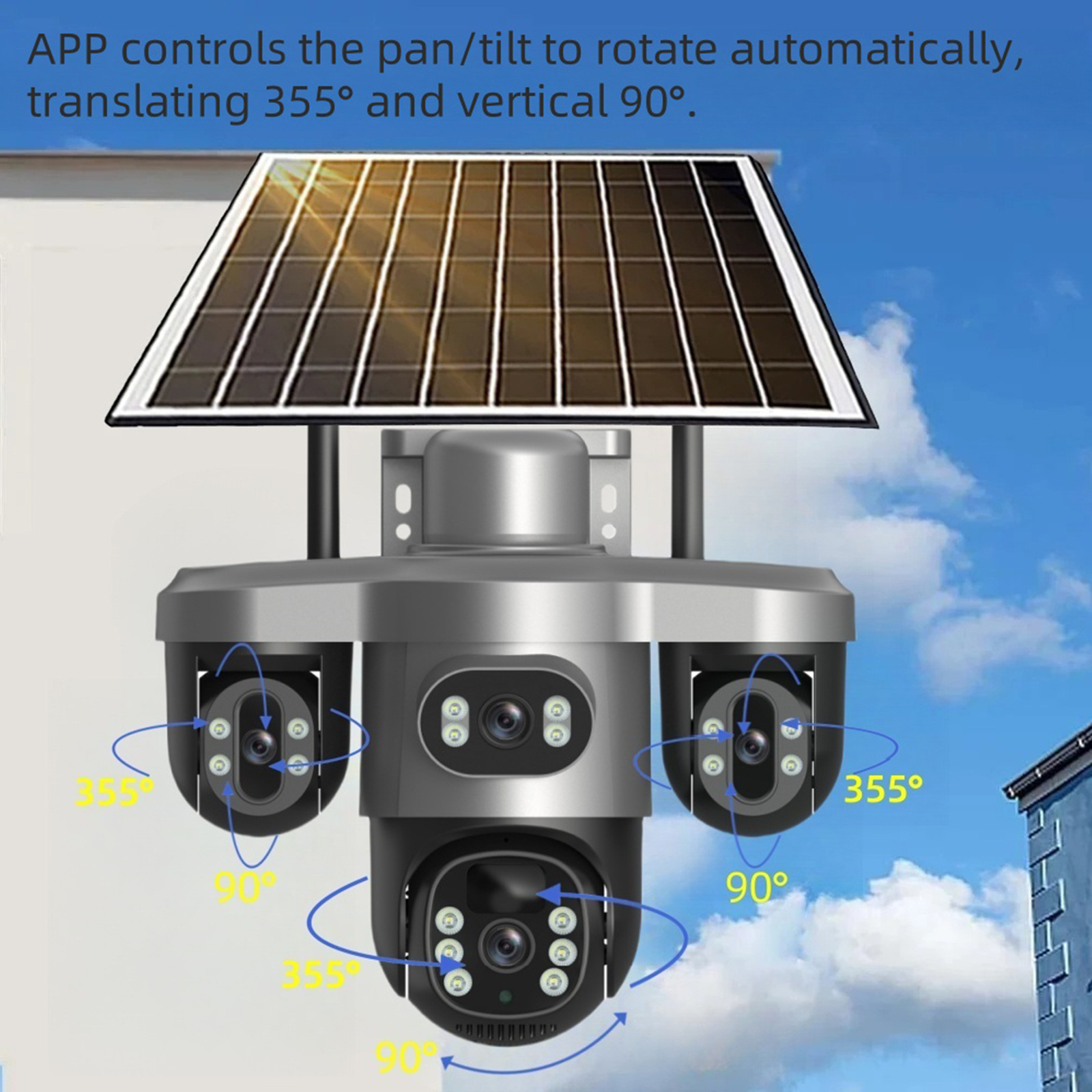 三摄像头三镜头三目太阳能监控摄像头三云台旋转4G低功耗防水无