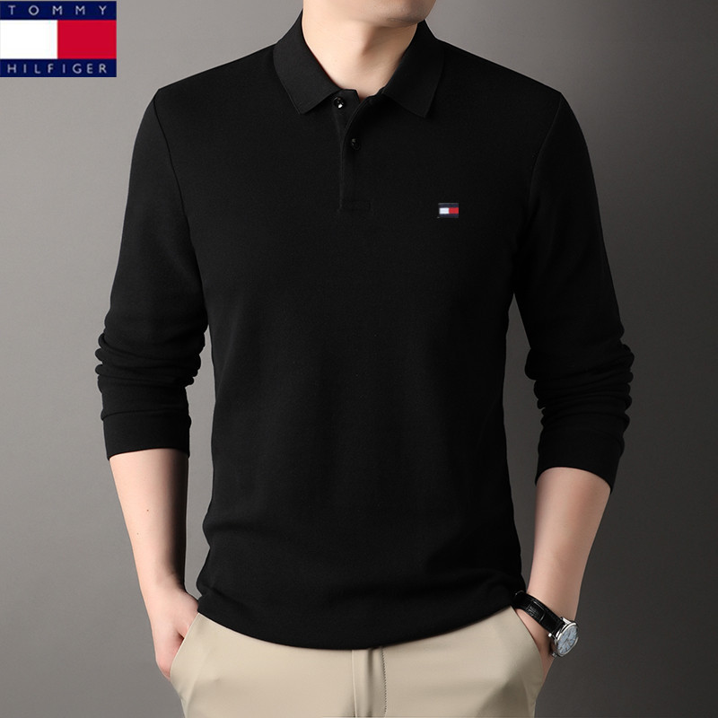 American Tommy Tommy Men's Fashion Simple Solid Color Lapel Long Sleeve Polo Shirt Men's Cotton T-Shirt