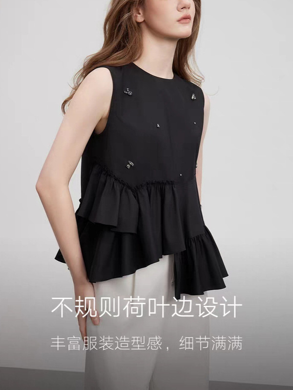 ELLE摩登钉珠荷叶边无袖衬衫女2025夏季新款不规则设计感时髦小衫|undefined