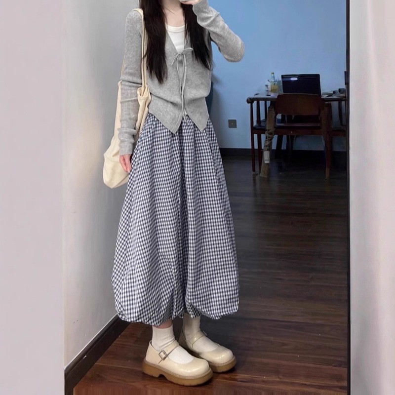 温柔风套装系带长袖针织衫女装秋季2025新款显瘦半身裙长裙两件套|undefined