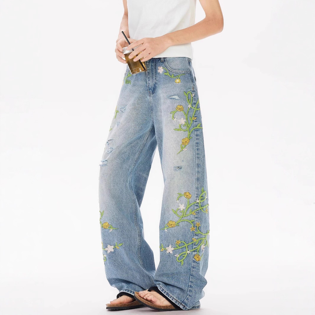 Nicho americano flor bordado jeans hombre verano 2025 nuevo estilo de moda recto delgado vibe pantalones largos