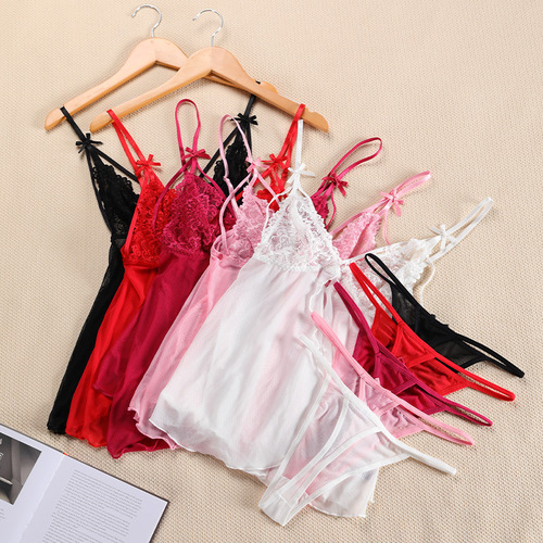 European and American sexy sexy t-pants suit, women's large size lace exquisite bow ladies underwear suspender nightgown