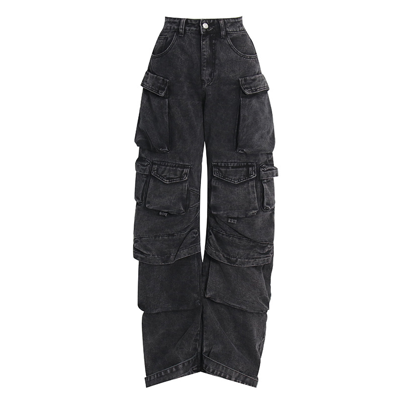 Damenbekleidung Frühling und Herbst Neue Mode Rauchgrau Spleißen Multi Pocket Overalls Street Washed Distressed Lange Hose mit weitem Bein_voghion.com