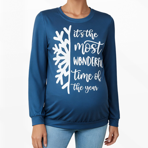 Blue Snowflake European and American Style Maternity Long-Sleeve Hoodie Top for Outerwear Loose Casual Spring and Autumn Pregnancy Wear