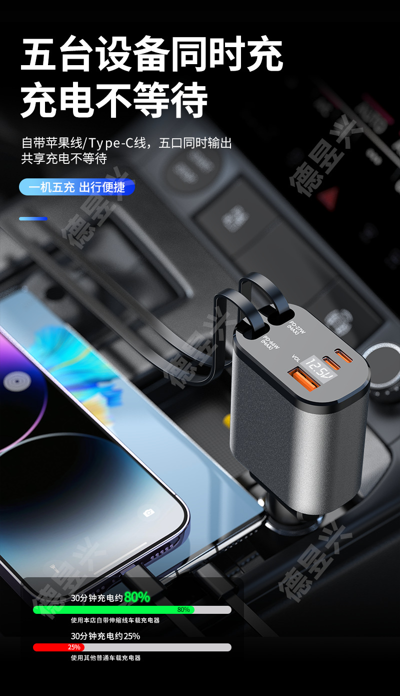 Digital Display Car Charger with Retractable Cable, Pd Car Fast Charger, Super Fast Charging, Five-In-One Cigarette Lighter Adapter, Cross-Border