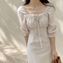 韩版法式浪漫纯色收腰显瘦短袖长裙子褶皱拼接气质优雅夏季连衣裙