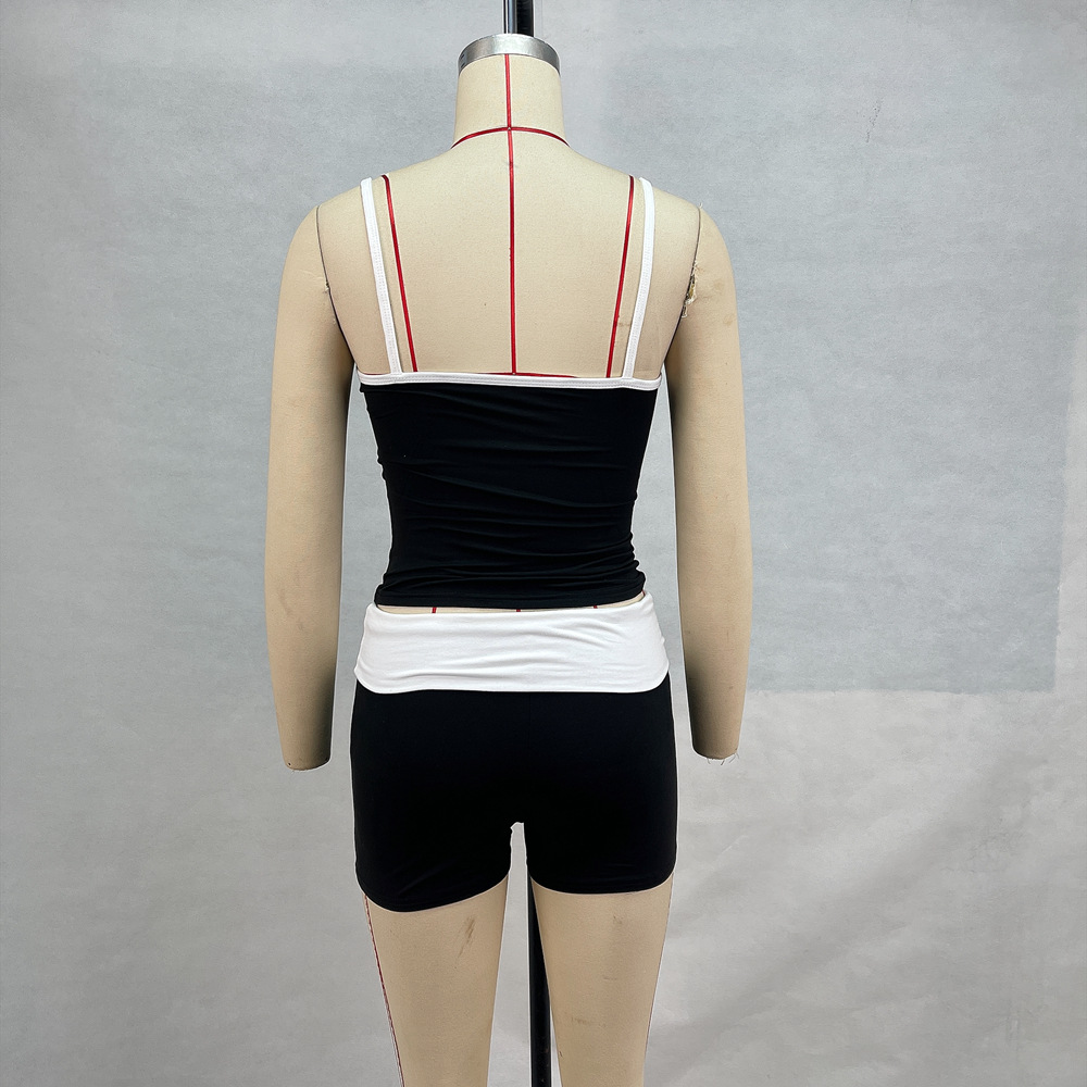 GraceChic GraceChic 2024 Summer New European And American Women's Fashion Camisole Crop Top Color Block Low Waist Shorts Set Casual Fitness_voghion.com