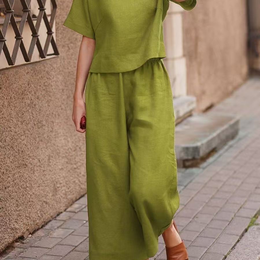 2026 Foreign Trade Aliexpress Spring and Autumn New Style Cross-Border Trade Solid Color Wide-Leg Long Pants Set Casual Two-Piece Set