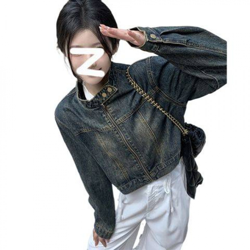 美式复古做旧立领牛仔外套女春秋季高级感宽松小个子短款夹克上衣|undefined