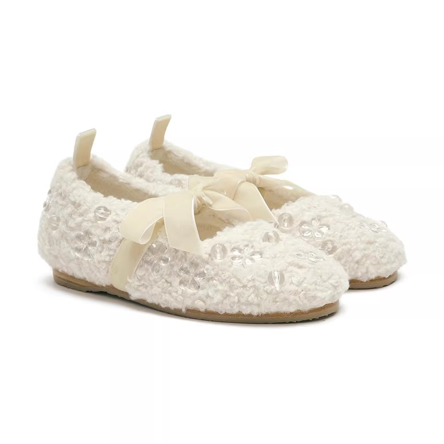 现货~蝴蝶结毛毛鞋女秋冬外穿加绒保暖玛丽珍鞋子芭蕾平底棉单鞋