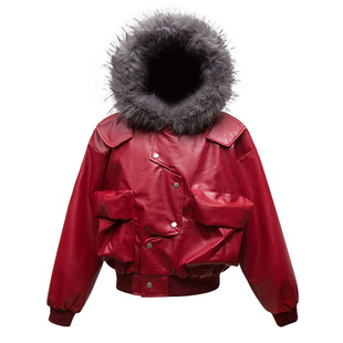 European and American Style Fashionable High-end Loose Hooded fleece-lined Leather Jacket Cotton-padded Jacket Men's Fashionable Brand Motorcycle Style Casual PU Leather Jacket