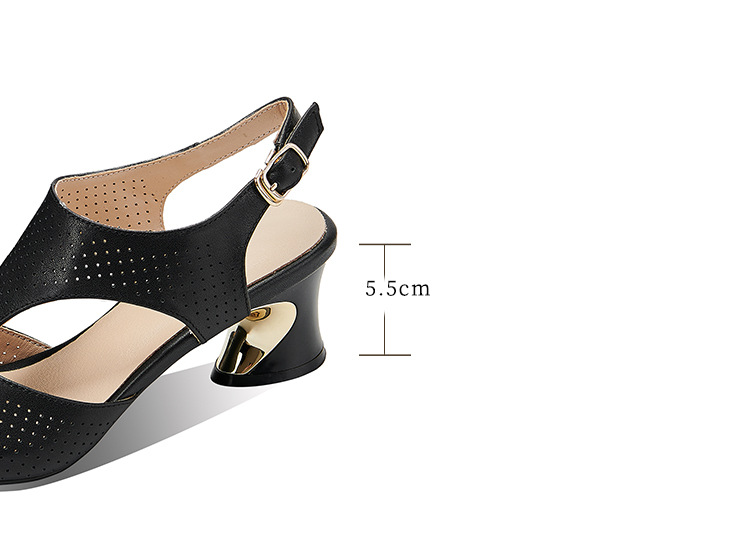 Sandal nữ quai ngang khóa da bò lớp 1 gót vuông hở mũi hở gót — Màu đen chi tiết 3