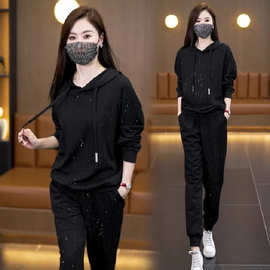 2025春装新款时尚套装女大码爆款烫钻连帽宽松长裤洋气两件套装女
