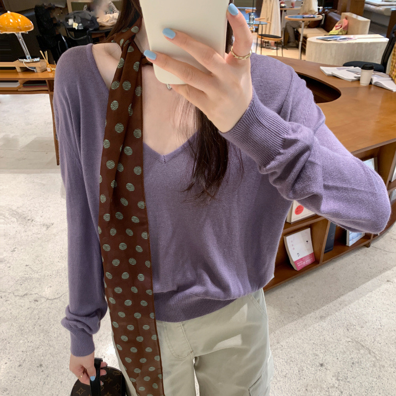 宽松慵懒风灰色V领长袖针织衫女2025新款春秋季轻薄气质显瘦上衣|undefined