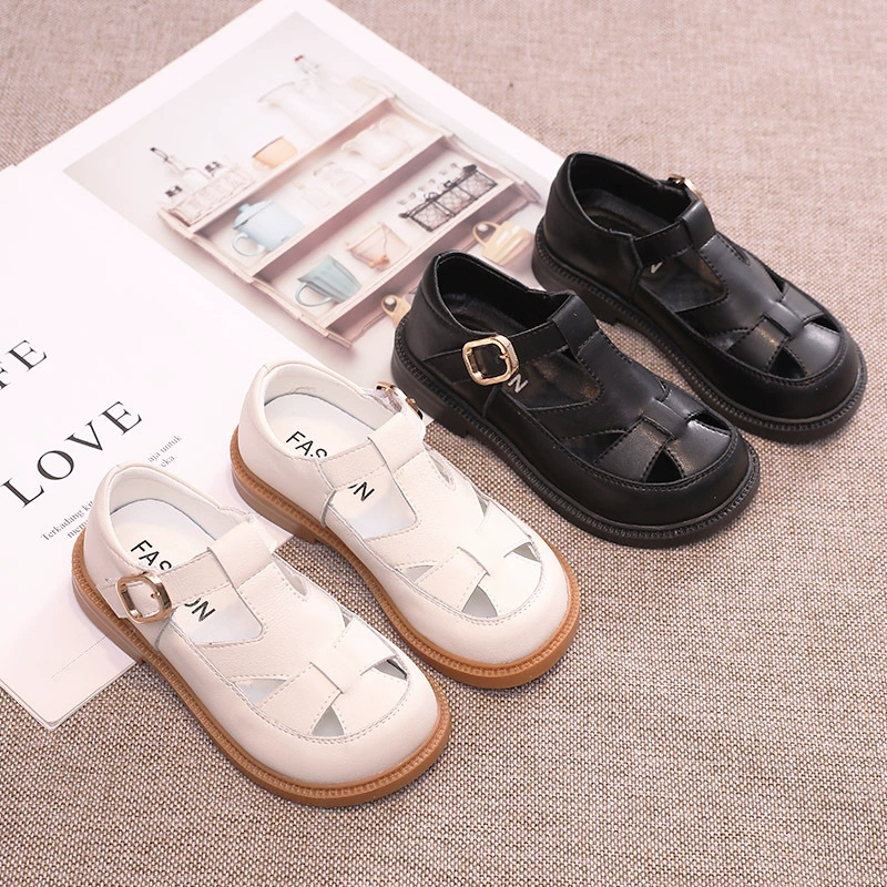 Детские сандалии из натуральной кожи с закрытым носком, лето 2025, новая модель, с перфорацией, нескользящие, на мягкой подошве, детские римские сандалии, пляжная обувь