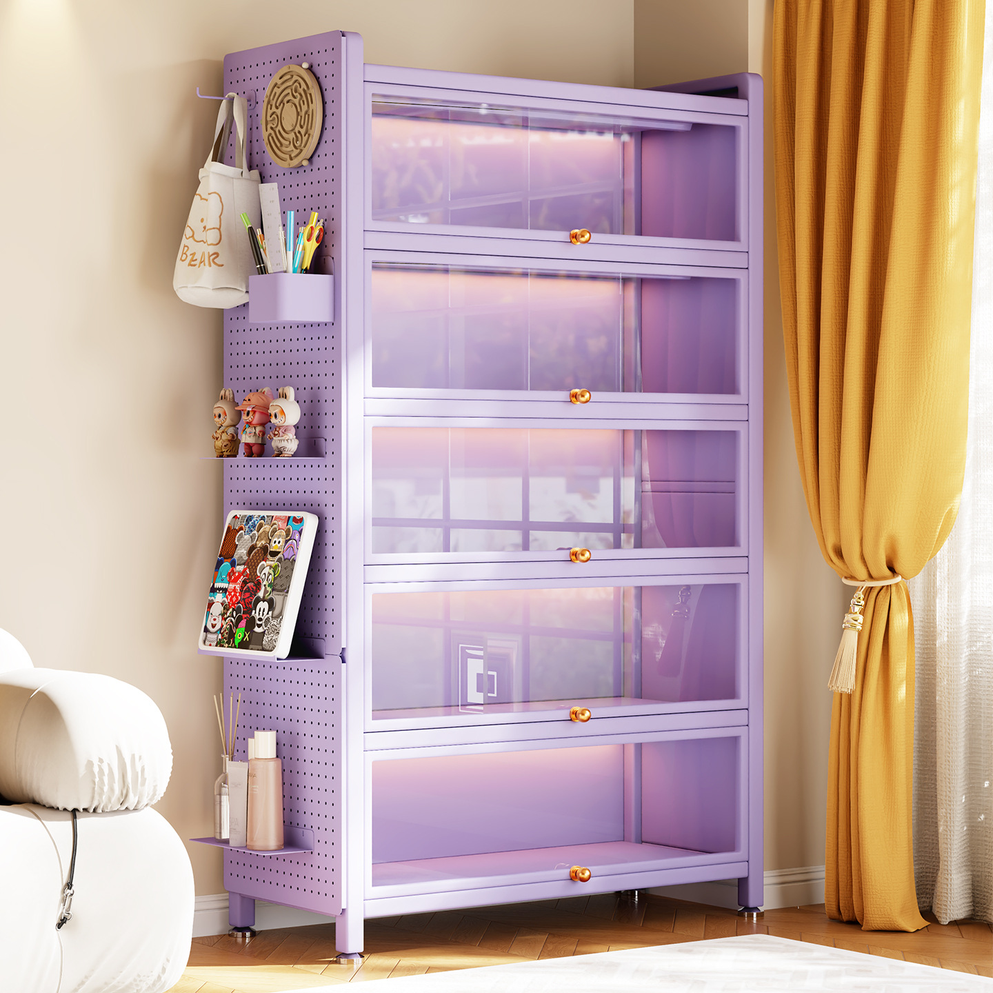 Purple Steel Cabinet with Door Glass Bookcase Floor-Standing Dust-Proof Iron Hand-Made Display Cabinet Home Storage Locker
