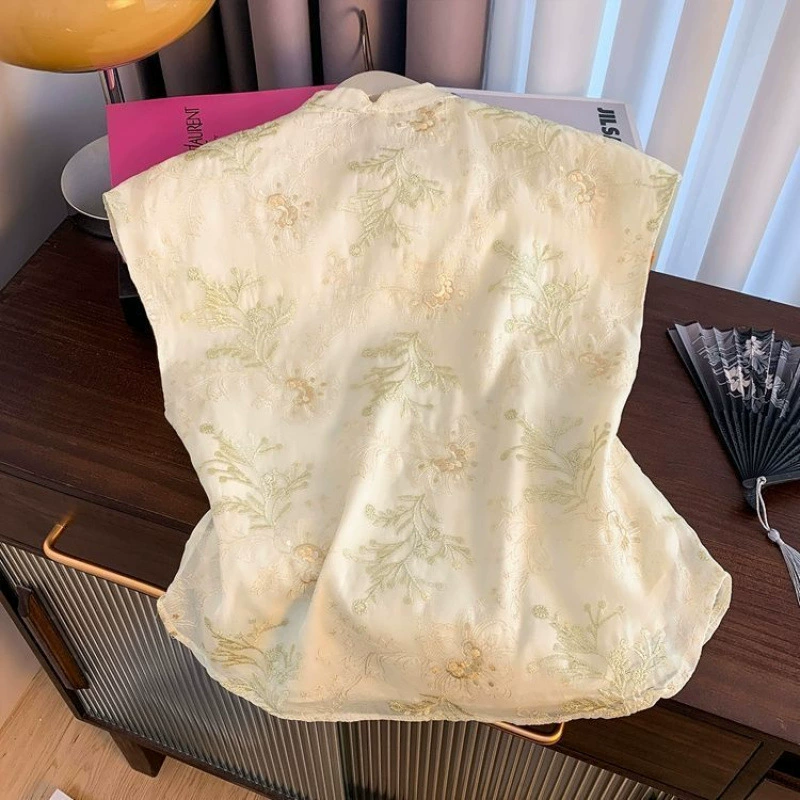 Абрикосовая рубашка в ретро-китайском стиле, женская футболка с короткими рукавами, новая летняя китайская вышивка, улучшенный топ Cheongsam, модный топ высокого класса