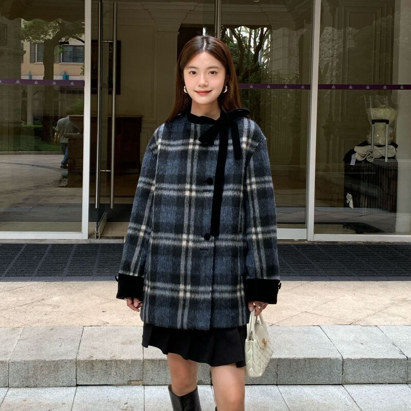 Interpreting Beauty Newopen 25 Winter Retro Plaid Bow Tie Loose Terry Woolen Coat for Women F7090