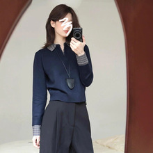 藏蓝色翻领拼接假两件修身针织打底衫春装女款2025年新款韩系上衣