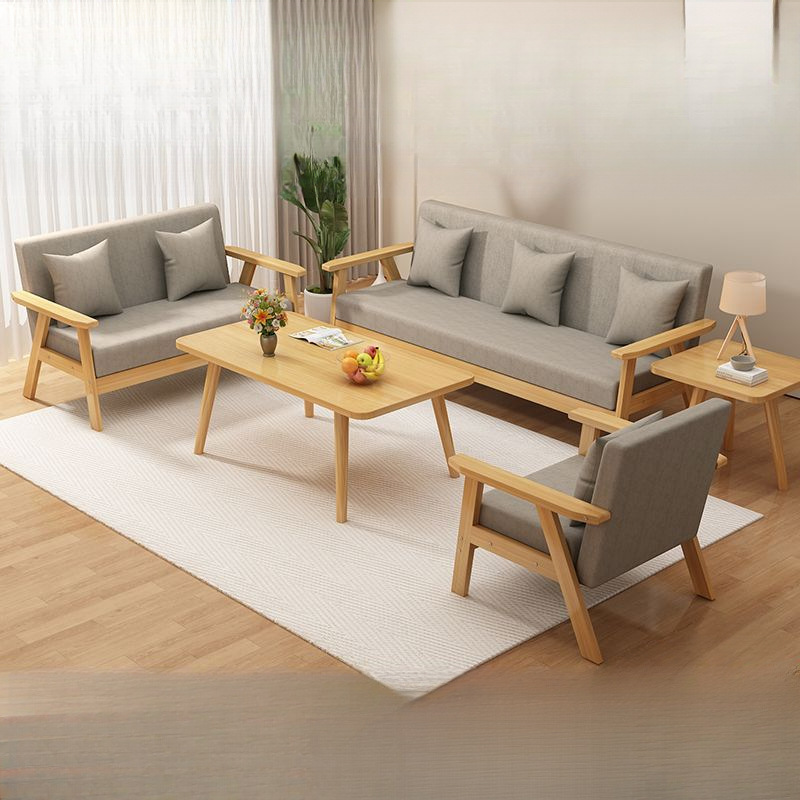 Fabric Sofa Coffee Table Combination Bedroom Rental Room New Varnish Solid Wood Sofa Office Simple Double Sofa