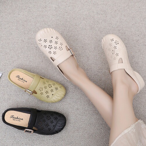 New flat heel anti-slip middle-aged mother bag head slippers bag head slippers imitated leather medium heel hole shoes outer wear women's slippers 