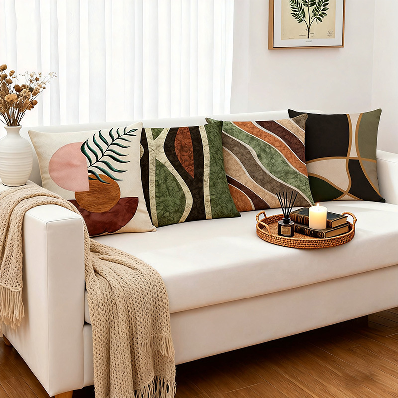 Amazon Cross-Border New Printed Pillowcase Abstract Geometric Home Sofa Car Green Plant Cushion Wholesale in Stock