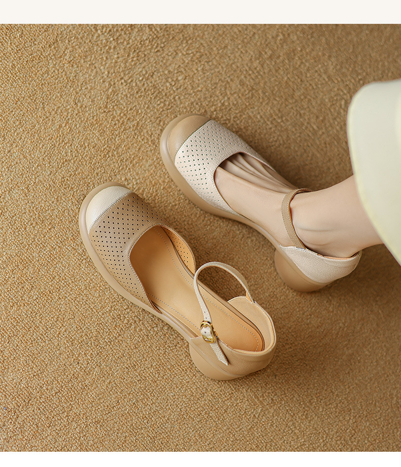 Sandal nữ mũi đục lỗ da cừu đế dày gót thô — Màu trắng be chi tiết 2