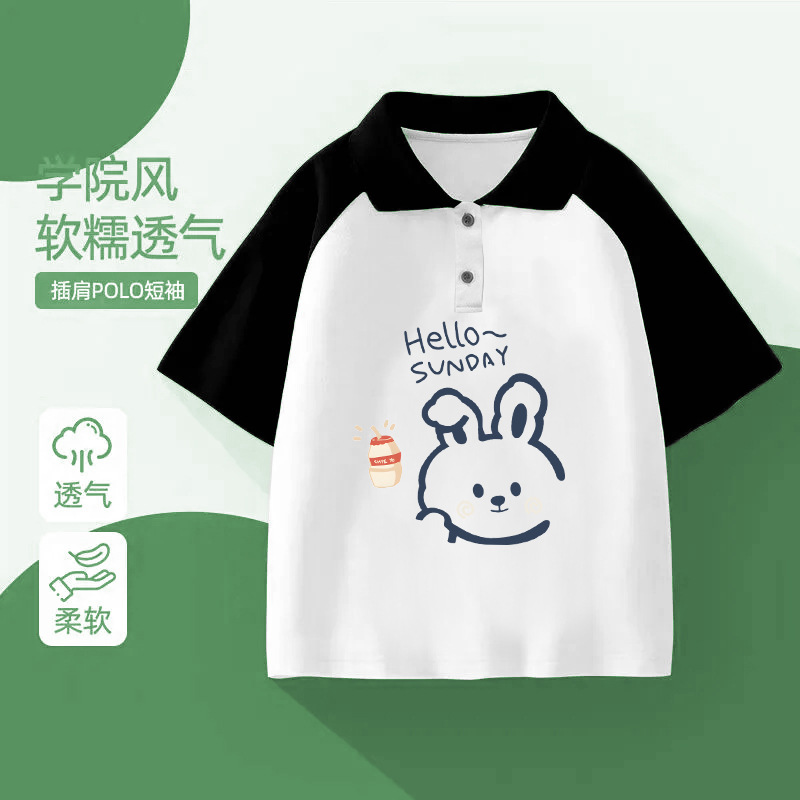 Girls' pure cotton short-sleeved T-shirt, new summer style, patchwork collar polo shirt for medium and large children, fashionable cartoon print top.