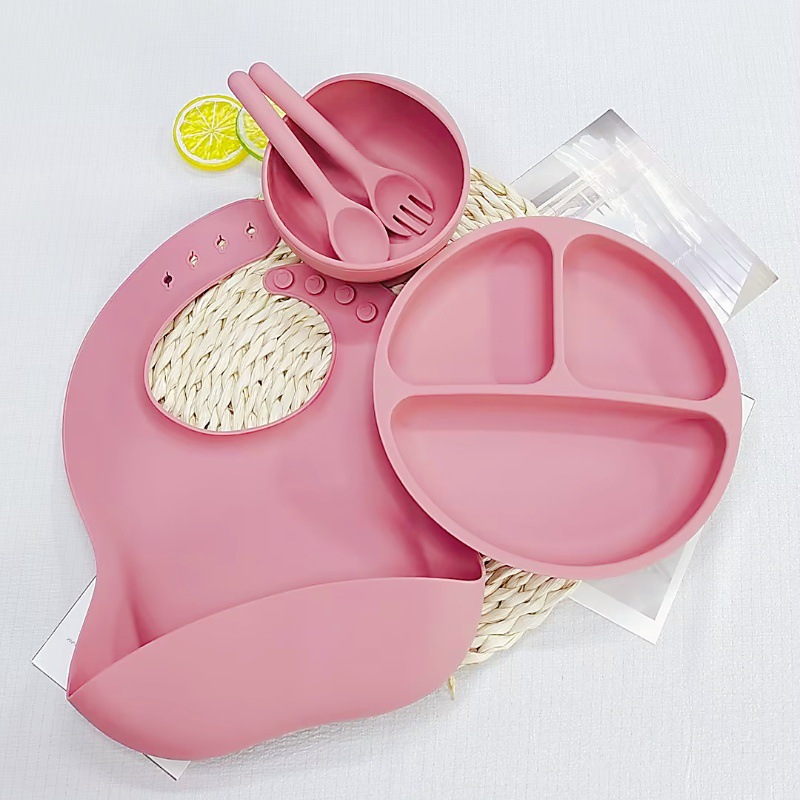 다크핑크 - 원형 디너접시 + 턱받이 + 실리콘 스푼 + 실리콘 포크 + 그릇