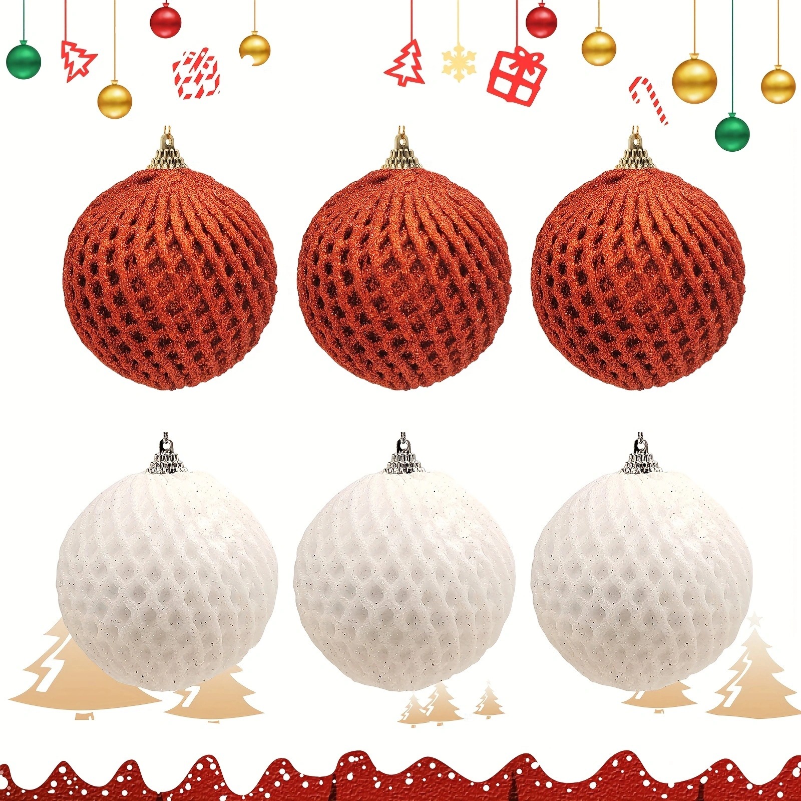 Nuevo conjunto de bola de espuma de 8cm 6 piezas red y blanco espuma polvo brillante decoración de bola de Navidad colgante de árbol de Navidad