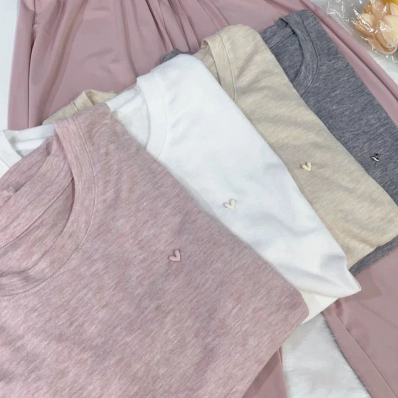 Simple Round-Neck Tencel Heart-Pattern Short-Sleeve T-Shirt for Women, Versatile, Cool and Stretchy, Solid Color, Slimming, with Small Pendant Logo, Korean Style