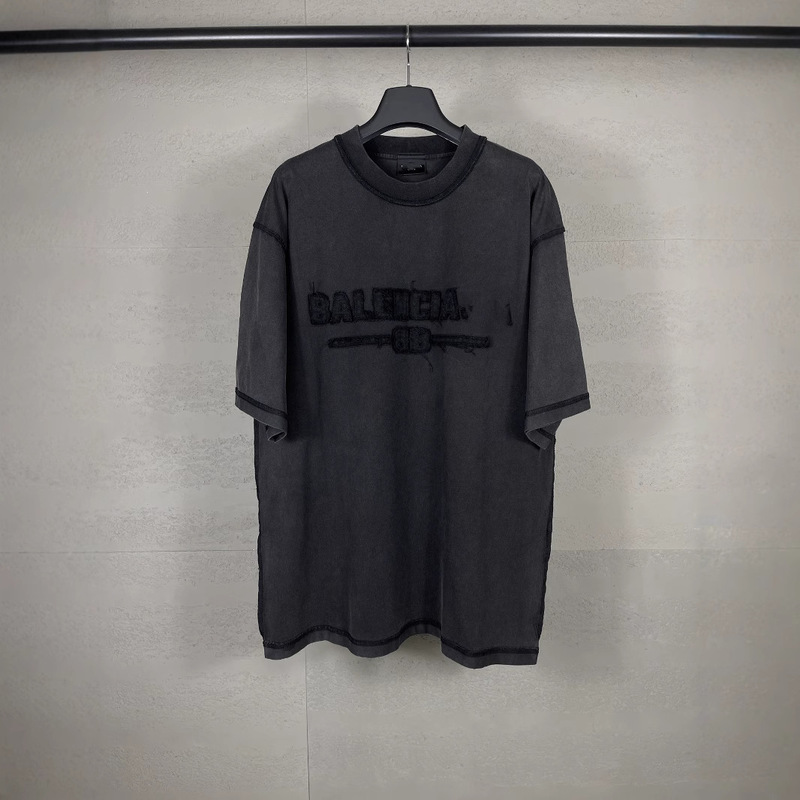 高バージョンパリB家半袖アルファベットロゴ胸前に布刺繍洗水ゆるい運動男女同型tシャツを貼る|undefined