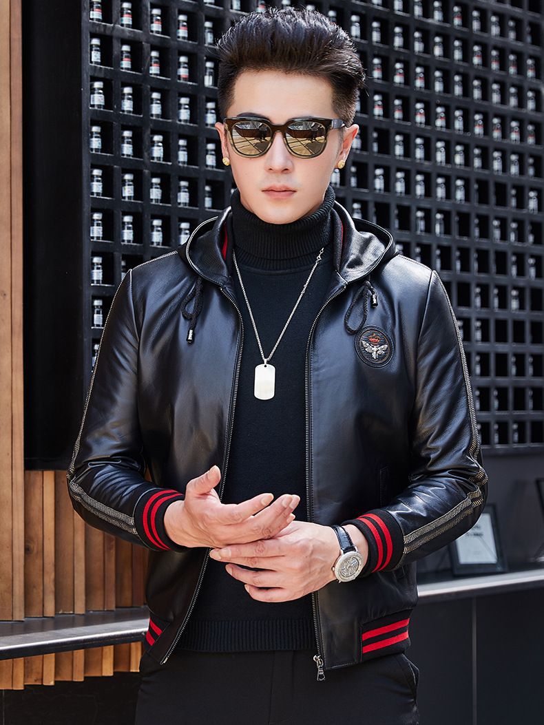 Sheepskin Genuine Leather Jacket for Men, Hooded Casual Wear, Thin Style for Spring and Autumn, Haining Leather Jacket, Single Jacket, Pure Leather
