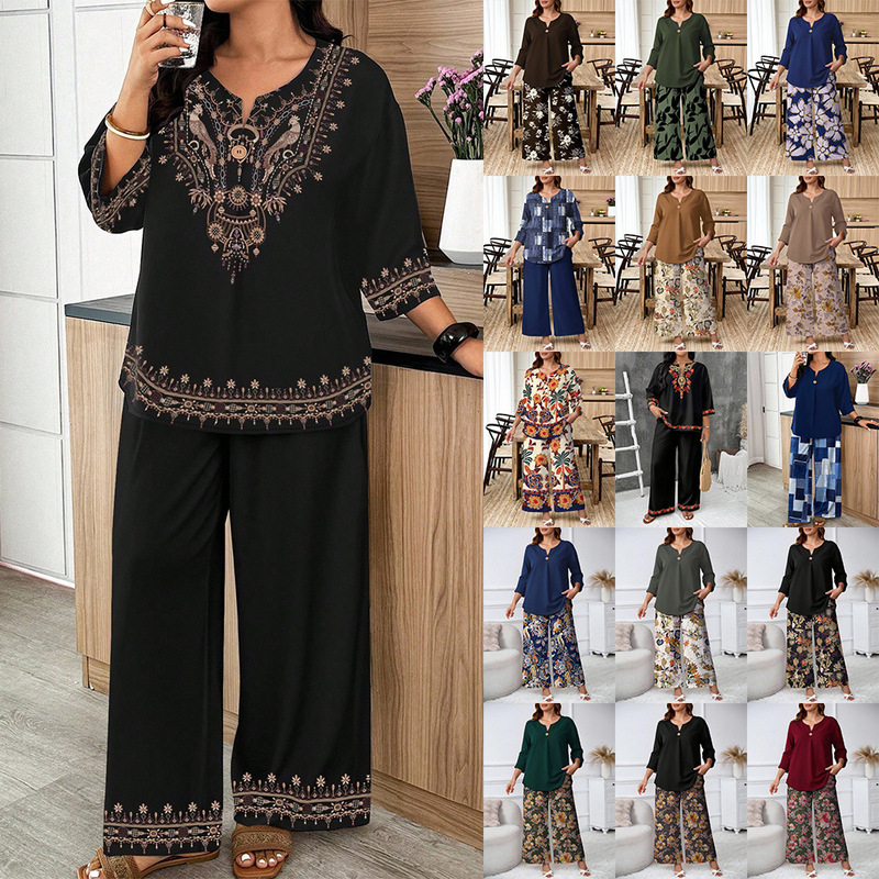 Cross-Border Exclusive Supply of Plus-Size Women's Fashion Printed Shirt Set, Three-Quarter Sleeve V-Neck Top, Wide-Leg Pants Two-Piece Set for Women
