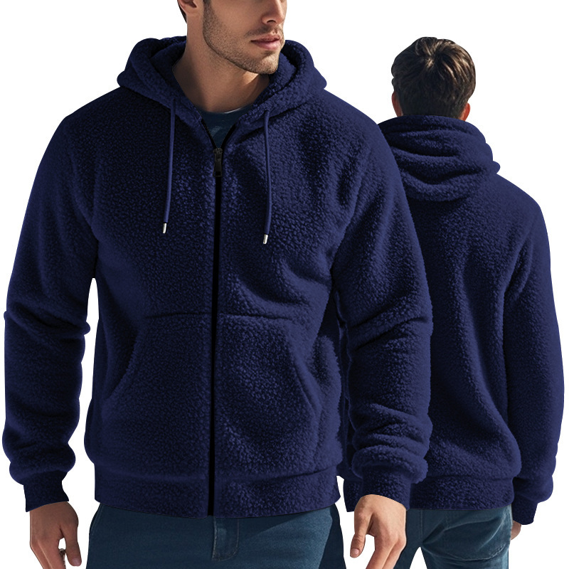 Dicker, warmer doppelseitiger Samt für Herren im amerikanischen Winter mit Reißverschluss, lockere Strickjacke, lässige Kapuzenjacke_voghion.com