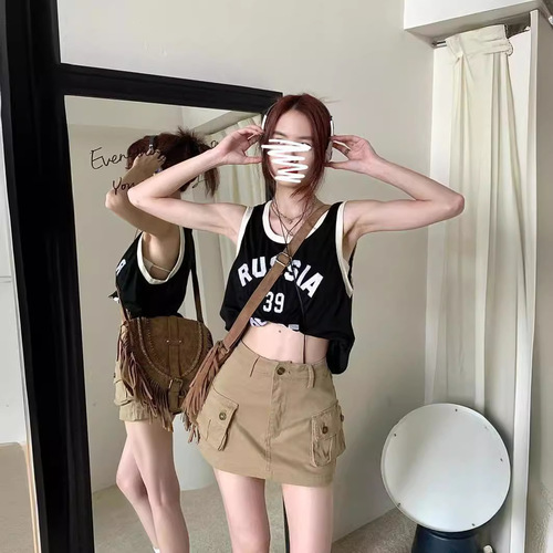 Khaki work denim short skirt for women, American retro high-waist a-line skirt, hot girl anti-exposure package hip culottes