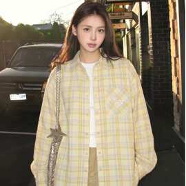 韩系松弛感黄格纹衬衫女腊肠狗刺绣气质时尚外套宽松百搭防晒上衣