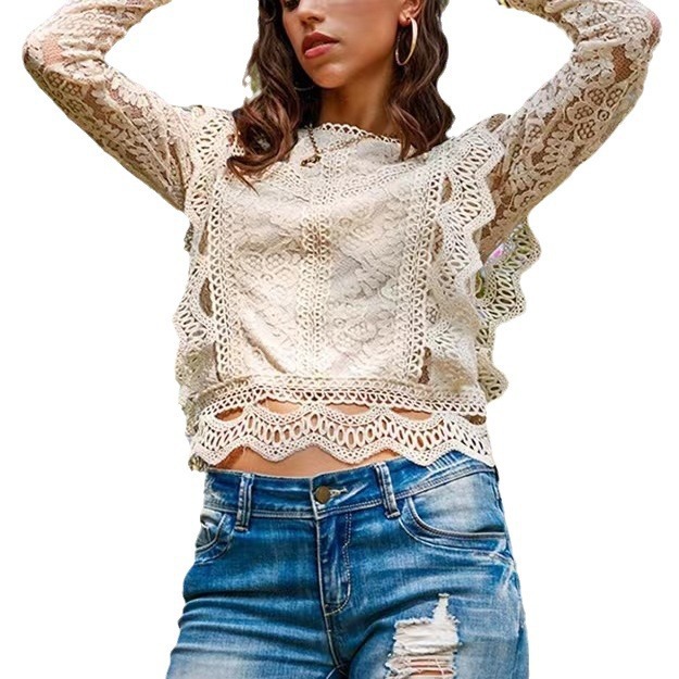 Women's Long Sleeve Blouse Sexy Hollowed Out Lace Top Solid Color Base American Style New Design Coat_ecoleips.com
