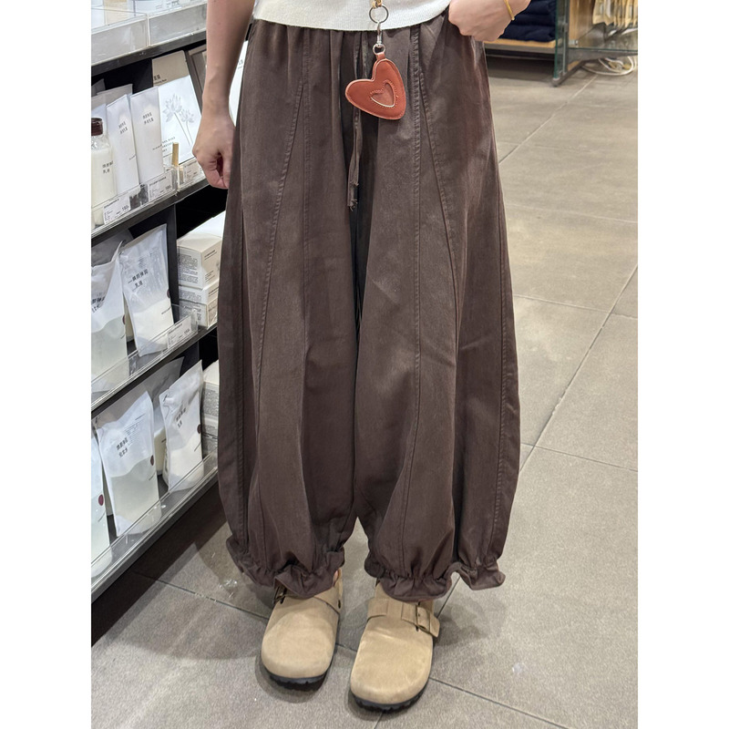 Brown Ruffled Wide-Leg Pants for Women, Autumn High-Waisted Slimming Balloon Pants, Cropped Lantern Pants, Petite Puff Pants