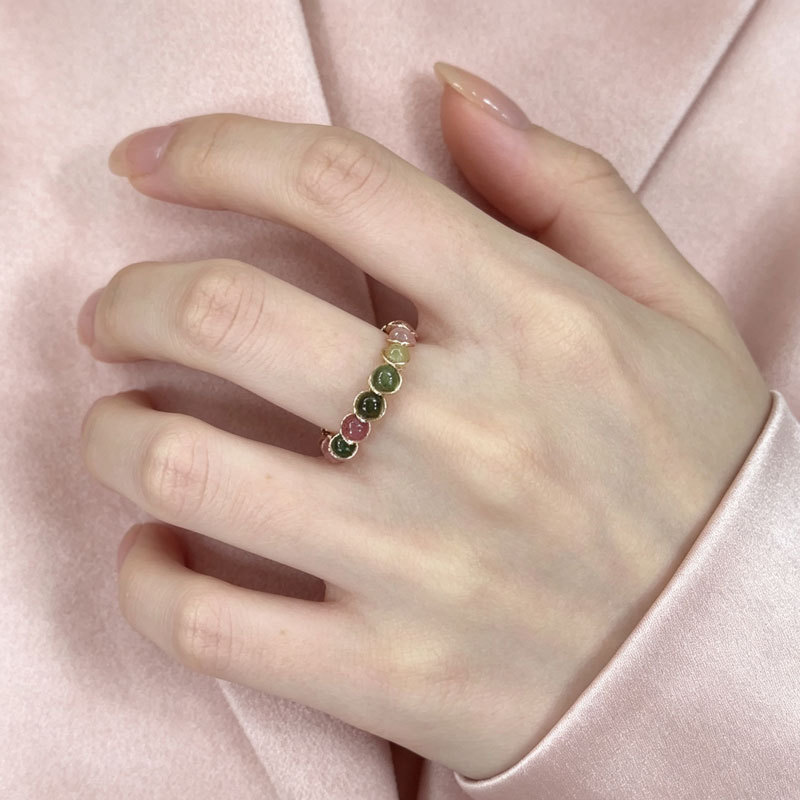 Rainbow Tourmaline Ring in the Same Style as on Xiaohongshu, Fashionable Multi-Beaded Women's Ring, Niche Ins-Style Index Finger Ring with Unique Design