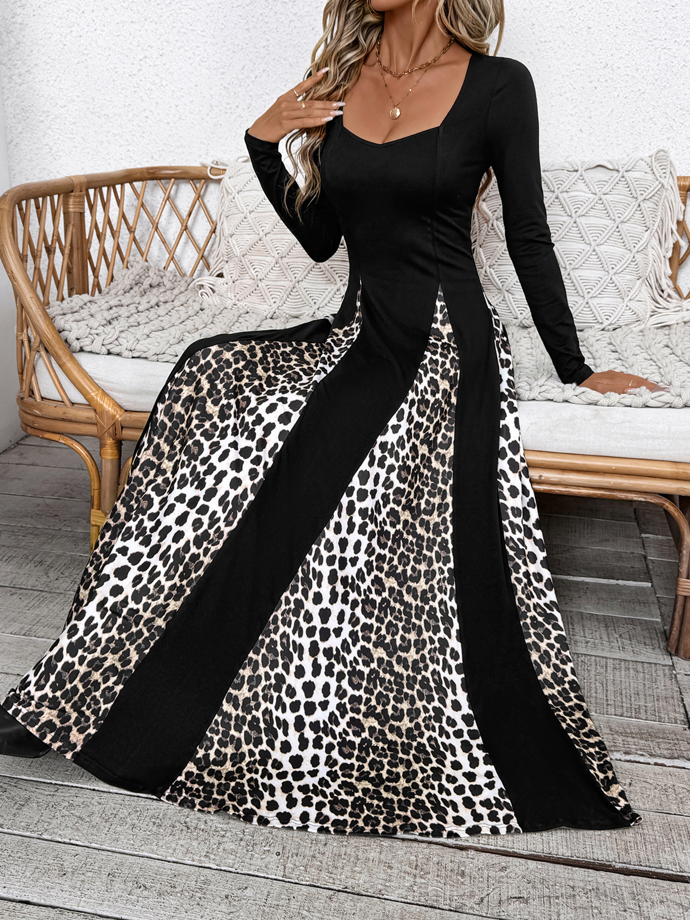 Leopard Splicing Dress Retro High Waist Long Sleeves Wide Leg A line Dress