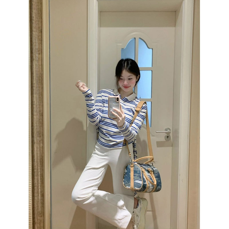 晨领【原版品质】韩系绑带Polo领蓝白条纹长袖T恤修身显瘦收腰上|undefined