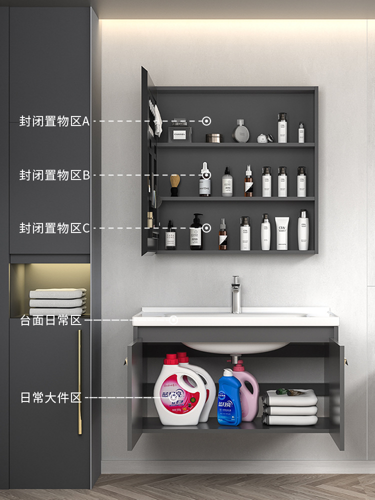 Engrosamiento de aluminio espacio Placa de roca integrado cuenca baño gabinete combinación moderna mesa de lavado inteligente espejo baño lavabo gabinete