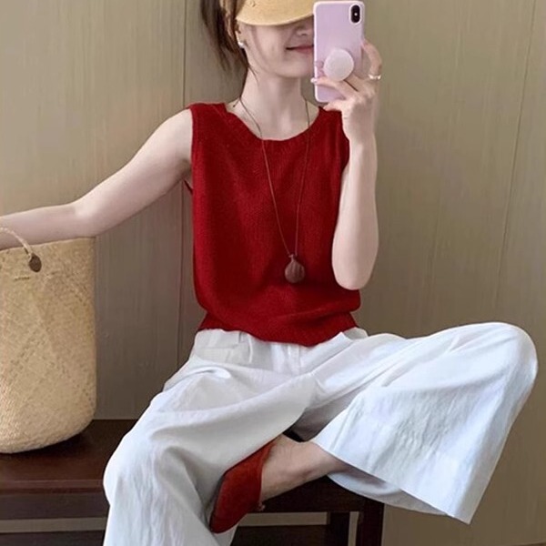 エレガントで控えめなドーパミン年齢軽減2025夏服レッドニットベストパンツ女性用2点セット|undefined