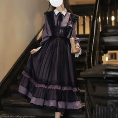 長袖ワンピースロリータ【魔女学院lolita灰紫黒ワンピース刺繍網糸カバースカート洋服